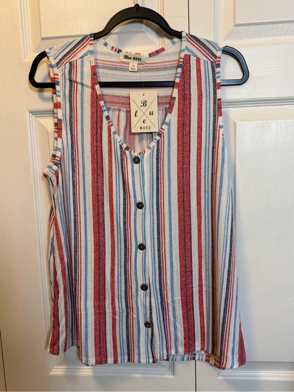 Blue Mood Striped Sleeveless Button Front Top 1X NWT Red White Blue